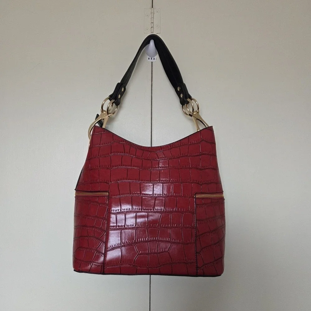 JEN & CO. (Rochelle) Vegan Leather Hobo Bag Red/Black W/Gold Hardware ~ EUC ~